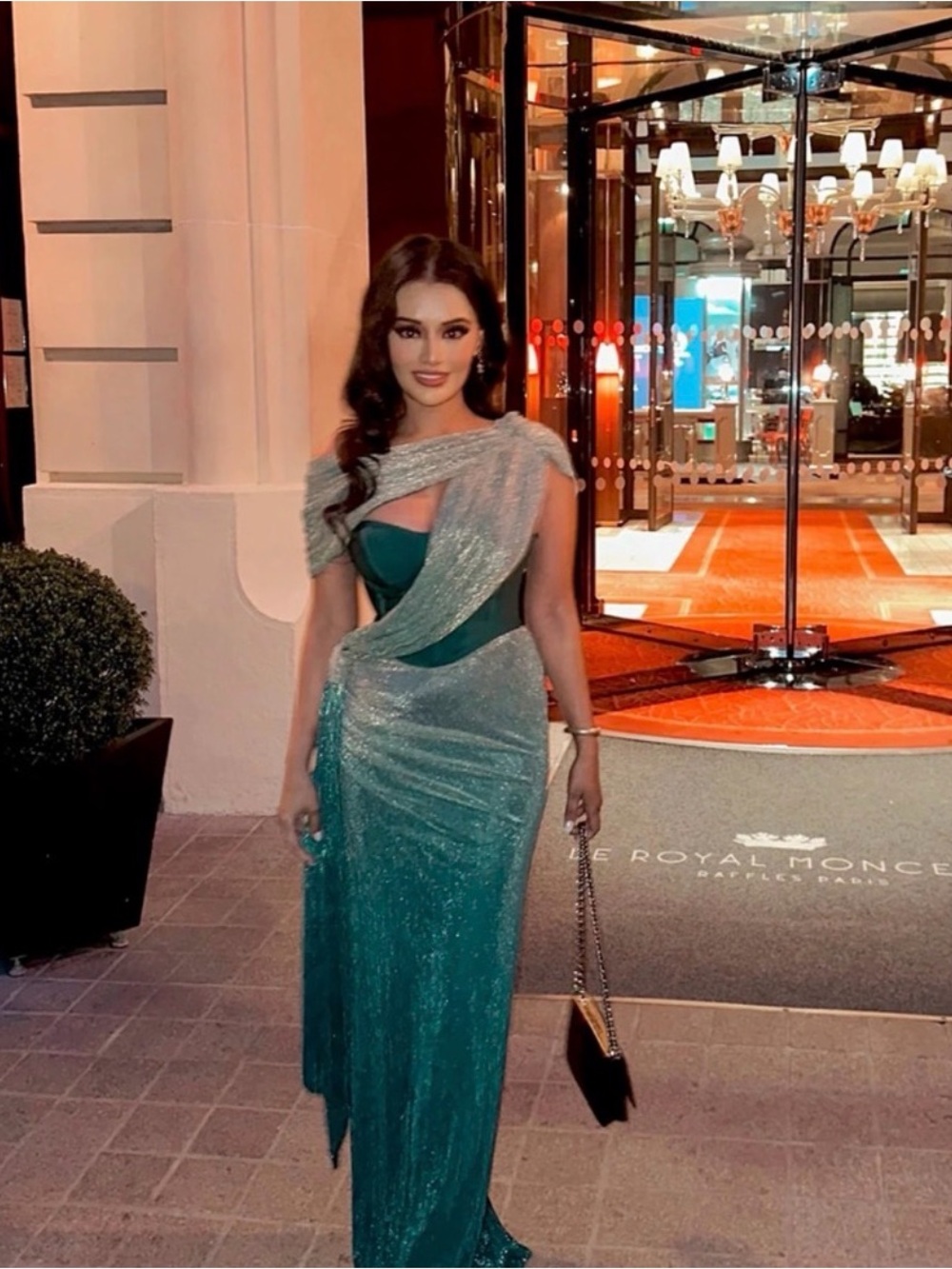 JLUXLABEL Teal One-Shoulder Draped Evening Gown with Silver Sparkle